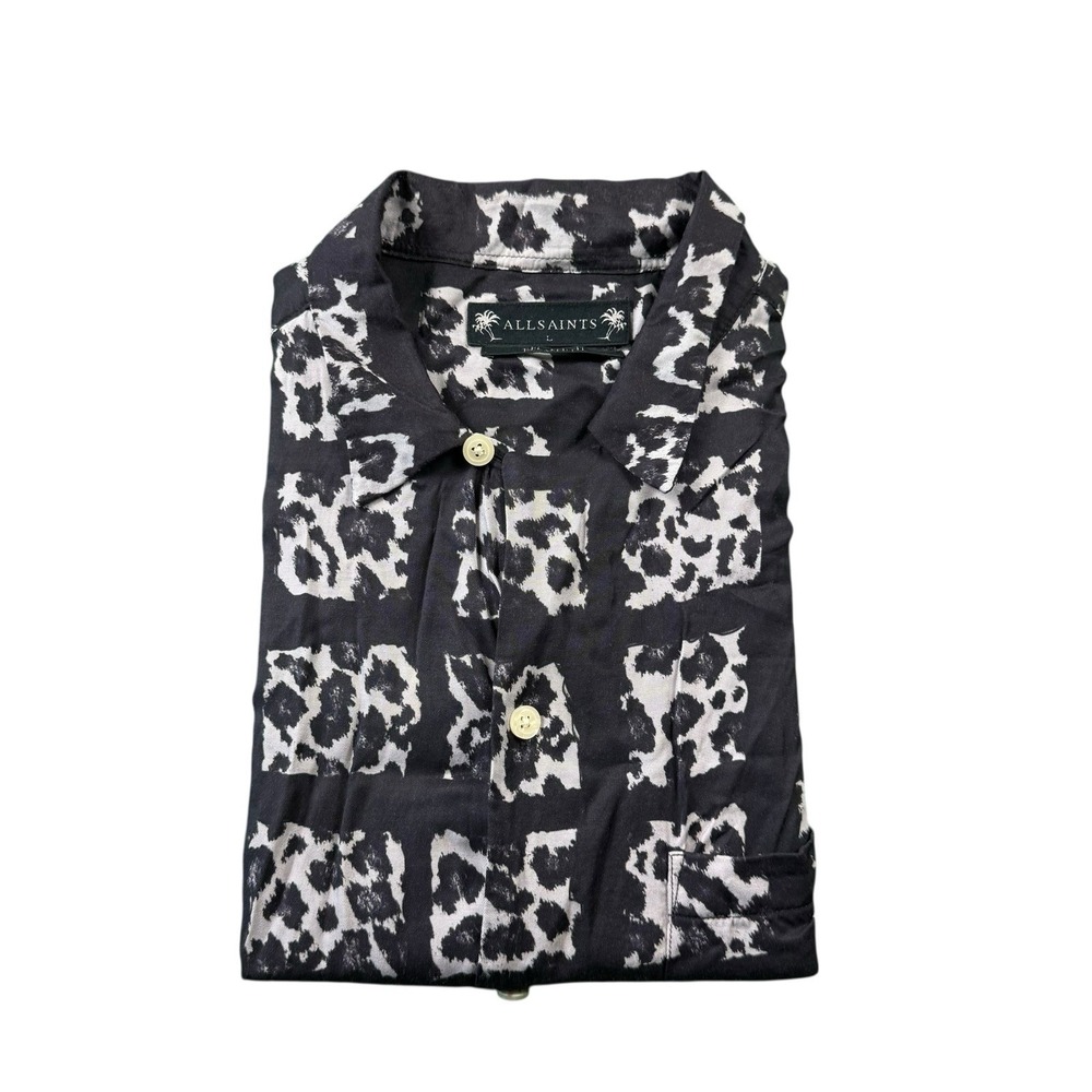 AllSaints Viscose Black Leopard Cube SS Button Front Shirt Mens Large MS071Y